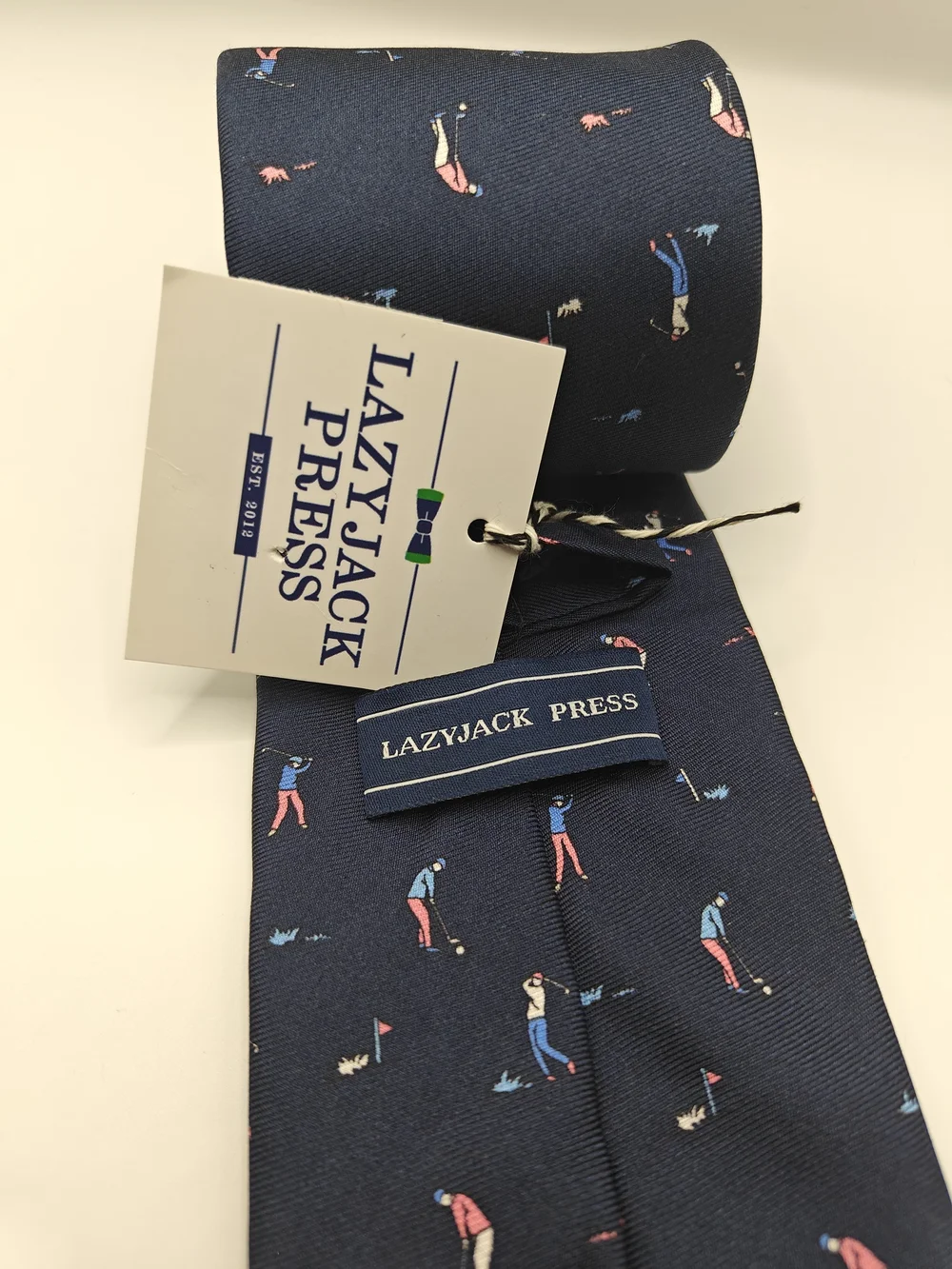 NWT Lazyjack Press Silk Tie Foreplay Golfer Swing Novelty Navy Blue Pink Italy
